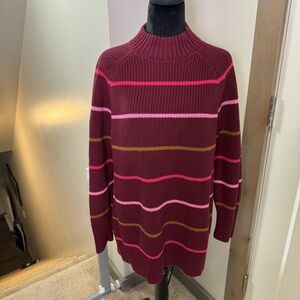 Lands' End Drifter Shaker Easy Fit Mock Neck Tunic‎ Sweater Maroon Pink Stripe L